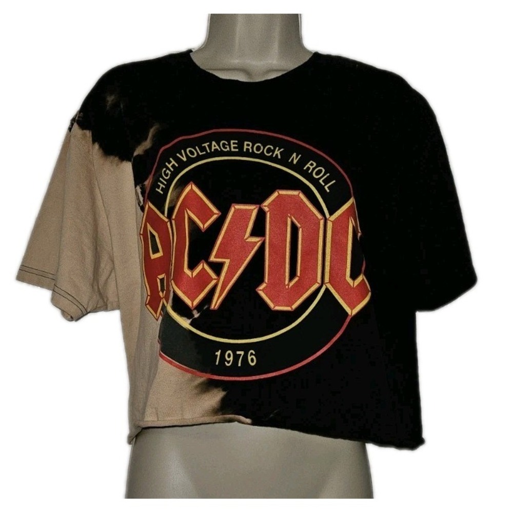 AC/DCβ Band Y2K Graphic High Voltage 1976 Crop top Bleach Distress Tie-Dye M/L